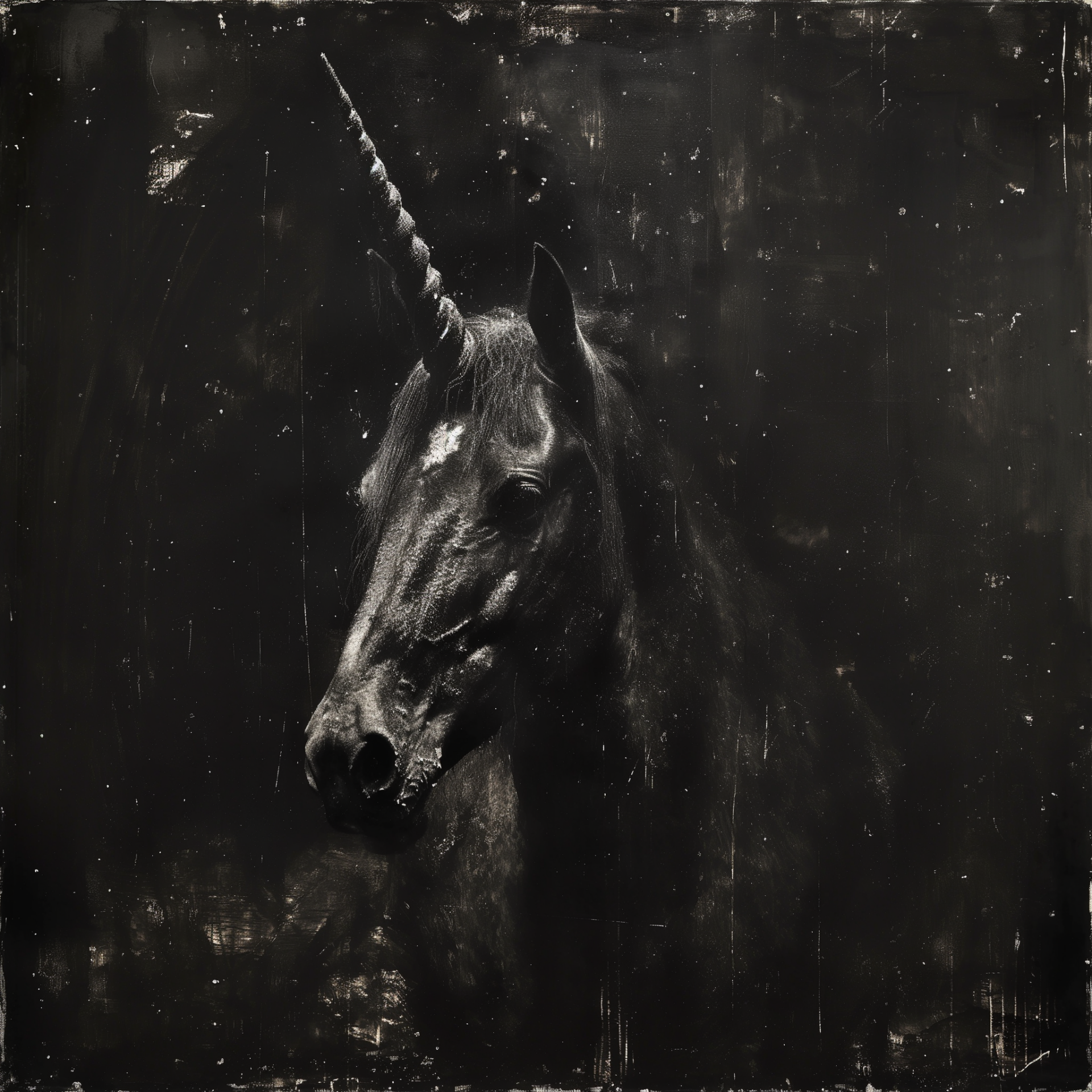 Avatar of a mystical unicorn in greyscale, with a prominent, textured horn, set against a dark, moody background.