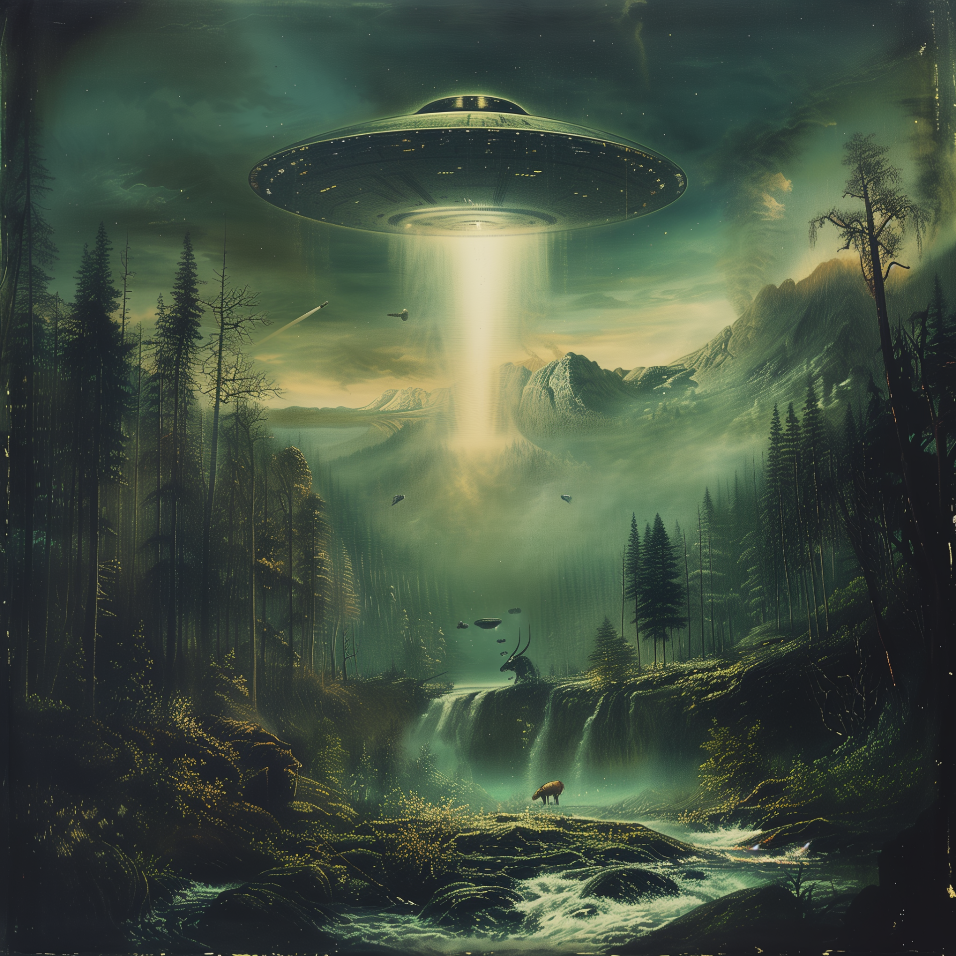 Avatar image of a dramatic UFO encounter in a forested mountain landscape with a beam of light shining down from the spacecraft.