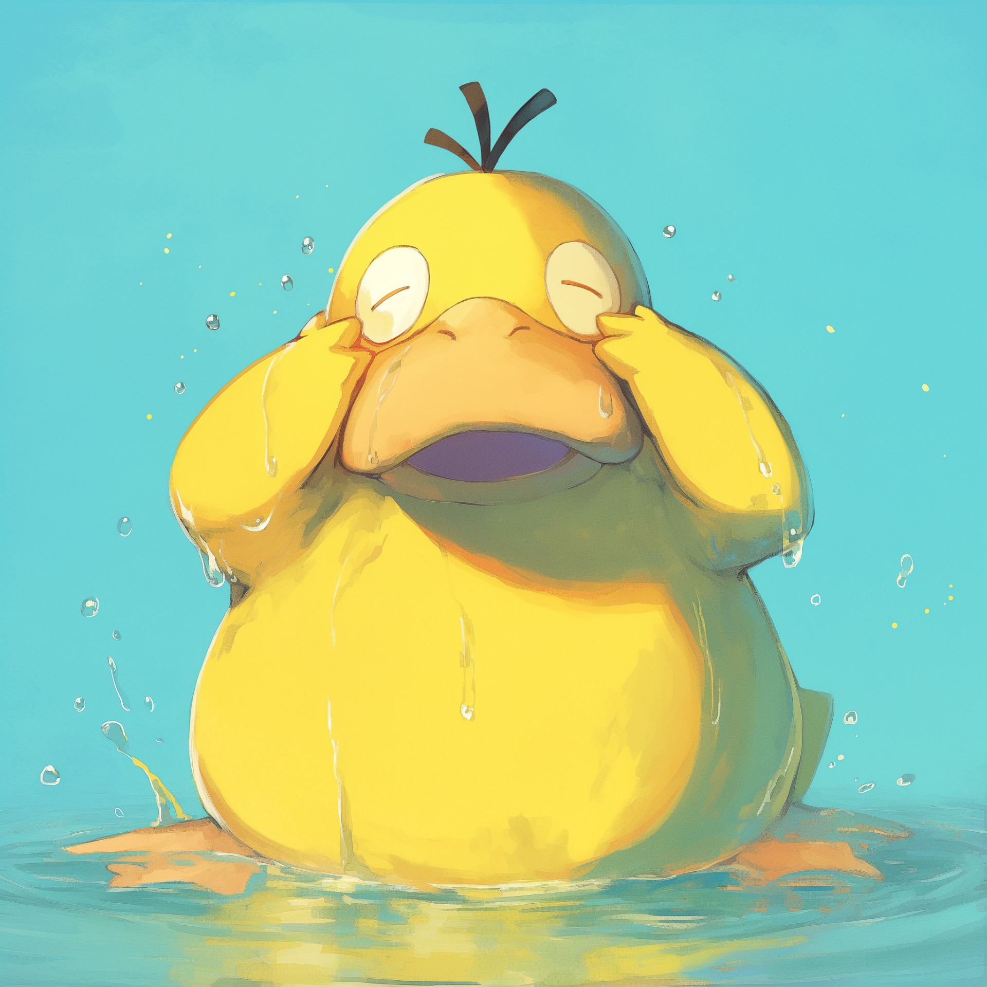 Profile photo of Psyduck emerging from water, looking surprised and adorable, set against a light blue background.