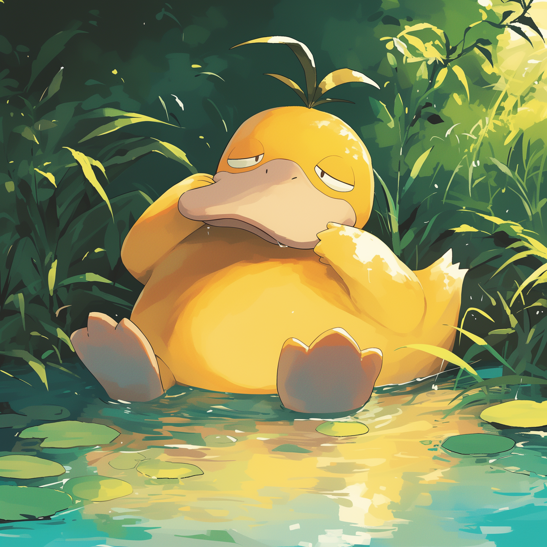 Profile photo of a relaxed Psyduck sitting in water, surrounded by lush greenery.