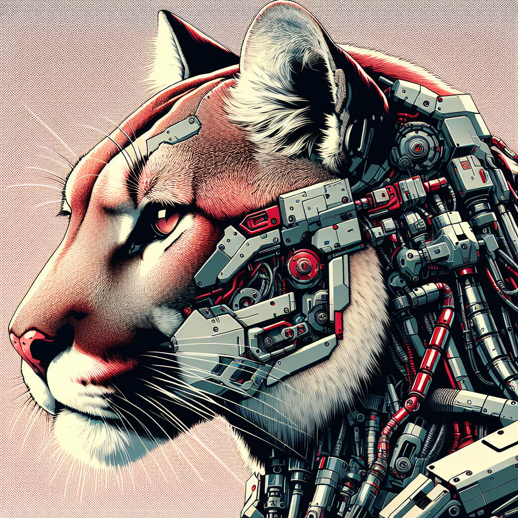 Profile photo of a digitally illustrated mountain lion with a cybernetic, robotic half-face, set against a subtle geometric background.