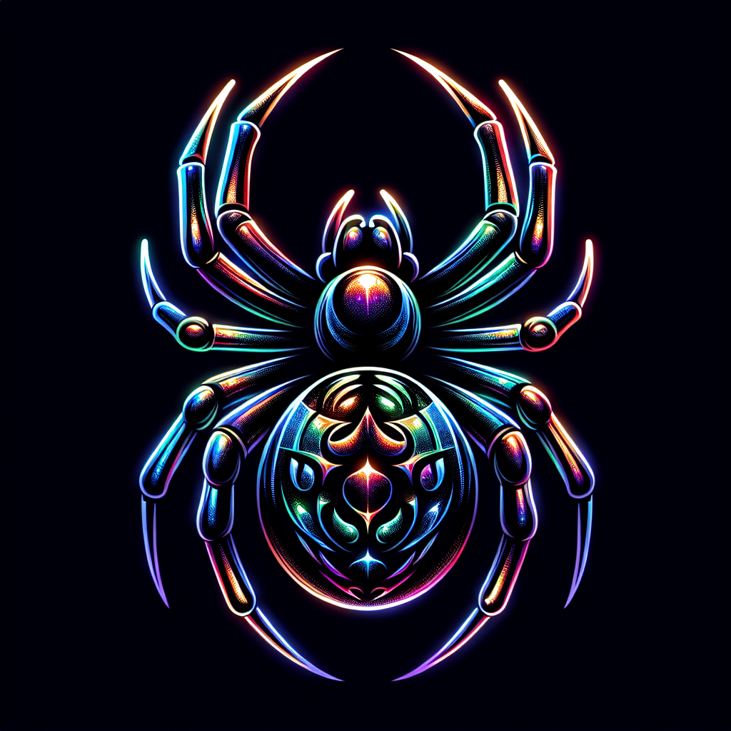 Colorful neon-lit black widow spider avatar with a vibrant, psychedelic design on a dark background.