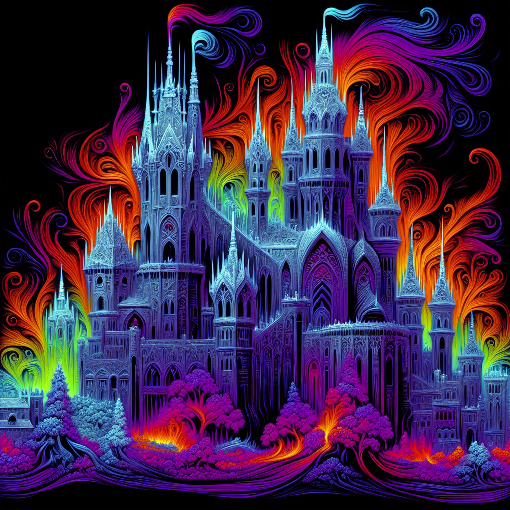 A vibrant fantasy castle with colorful swirls and flames, set against a dark background, designed as a striking forum avatar or profile photo.