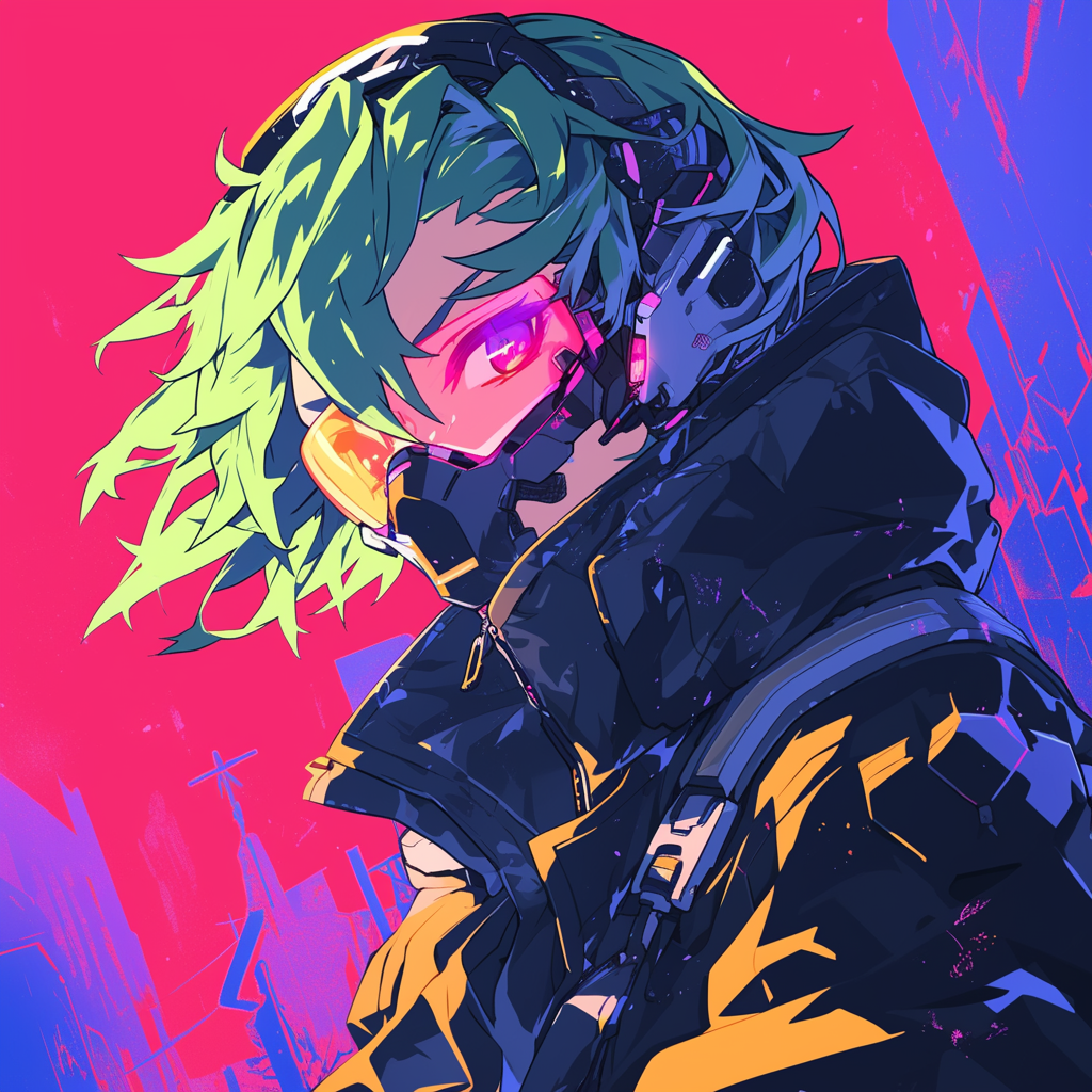 Anime-style avatar featuring a character with green hair, wearing futuristic gear, set against a vibrant red and blue backdrop.