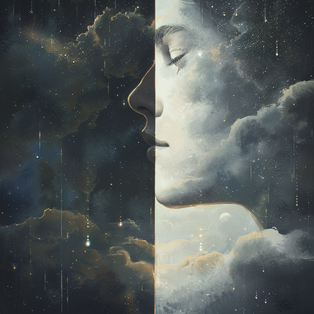 A serene profile of a woman blends with a celestial backdrop, featuring clouds and stars, making it an evocative forum avatar or profile picture.