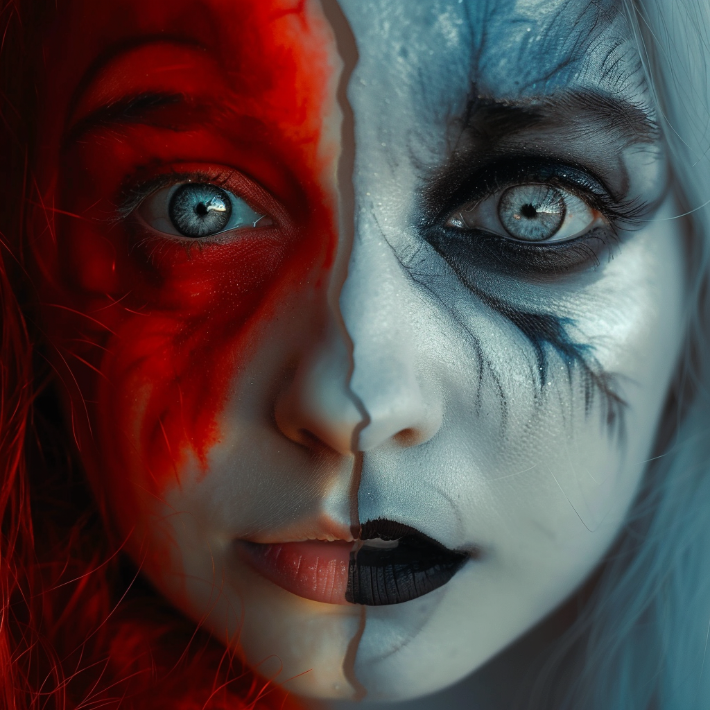 Avatar of a woman with her face artistically split into two contrasting makeup styles, symbolizing split personality, one side vibrant red, the other ghostly blue.