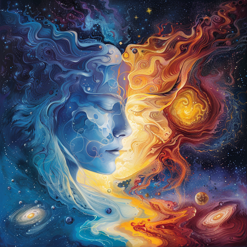 Avatar of two celestial beings forming a romantic embrace, with vivid cosmic colors and swirling galaxies around them.