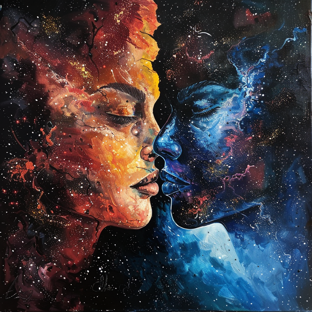 Profile photo of a celestial-themed romantic artwork depicting two faces close together, one in warm fiery tones and the other in cool cosmic blues, symbolizing a union of opposites.