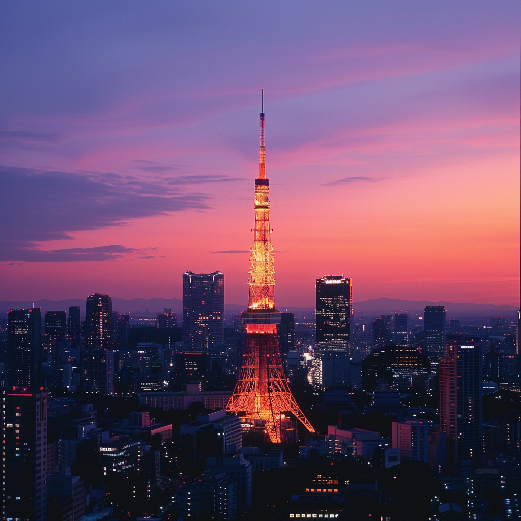 Avatar of Tokyo skyline featuring Tokyo Tower at dusk with a vibrant purple and orange sunset.