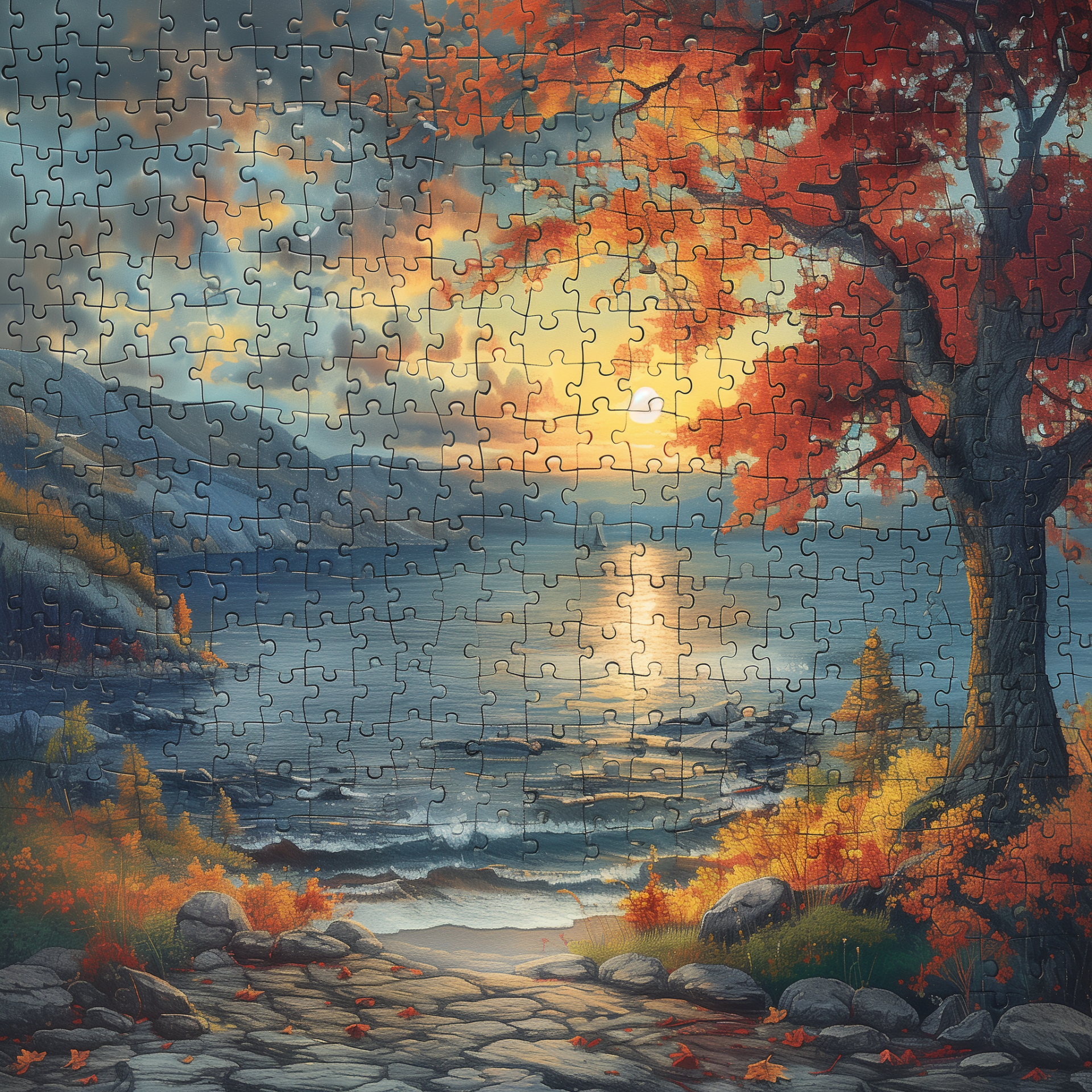 Avatar of a scenic jigsaw puzzle featuring a sunset by a lake with autumn trees.