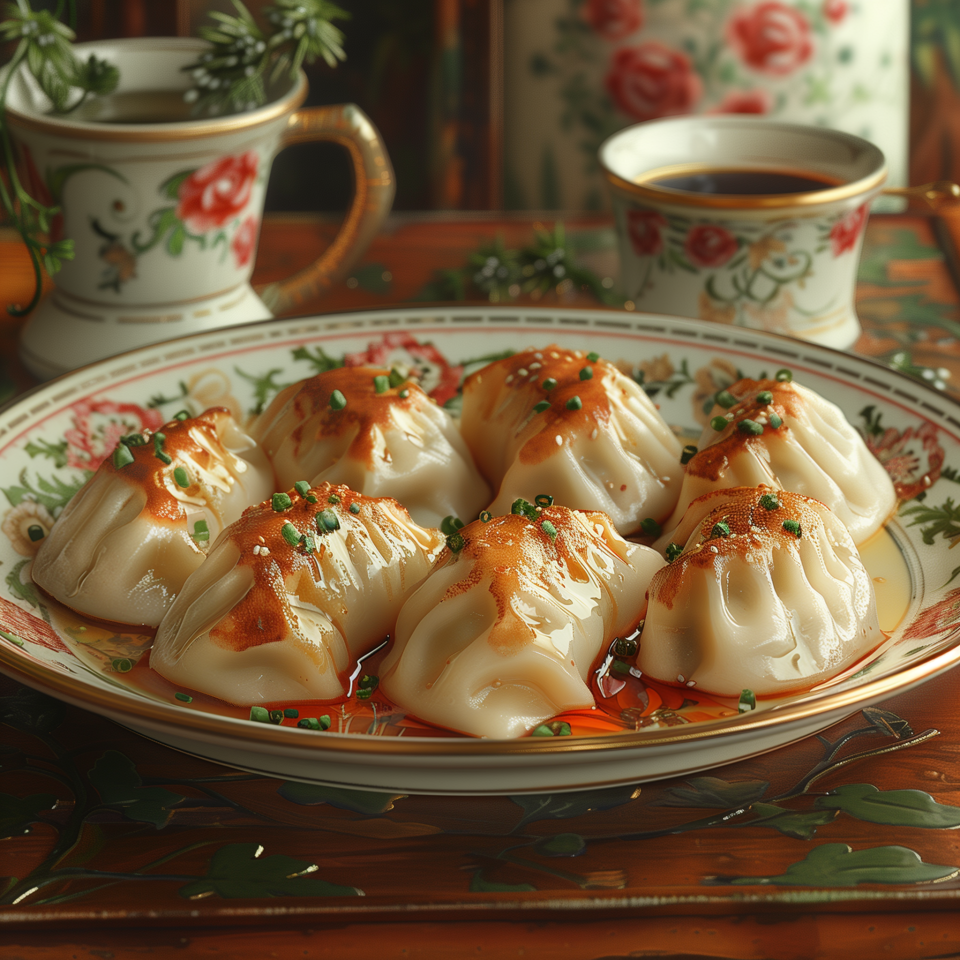 A beautifully arranged plate of dumplings drizzled with sauce and garnished with chives, set against ornate tableware, serves as an eye-catching forum avatar.