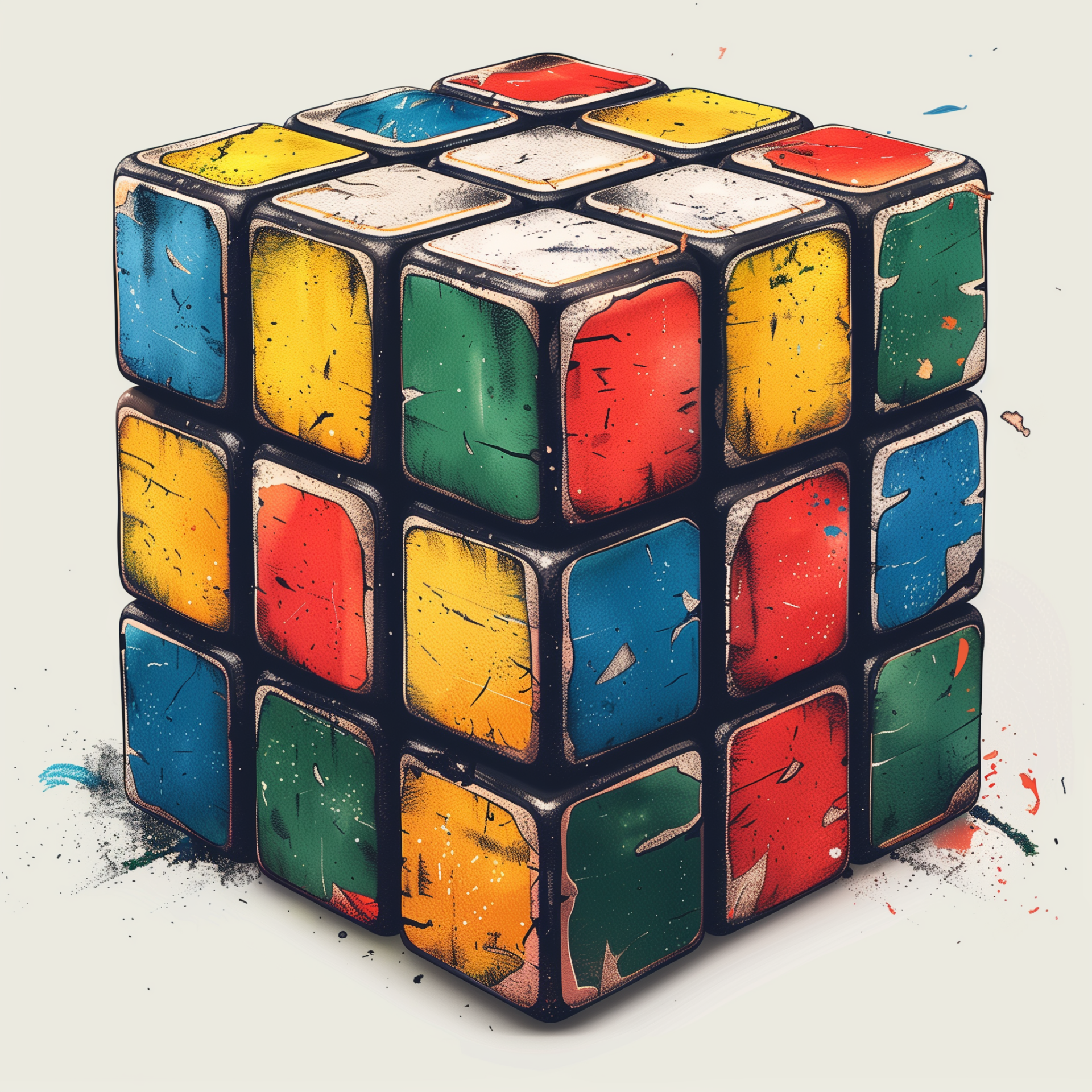 Avatar of a colorful, worn-out Rubik's Cube with a grunge aesthetic, symbolizing creativity and problem-solving.