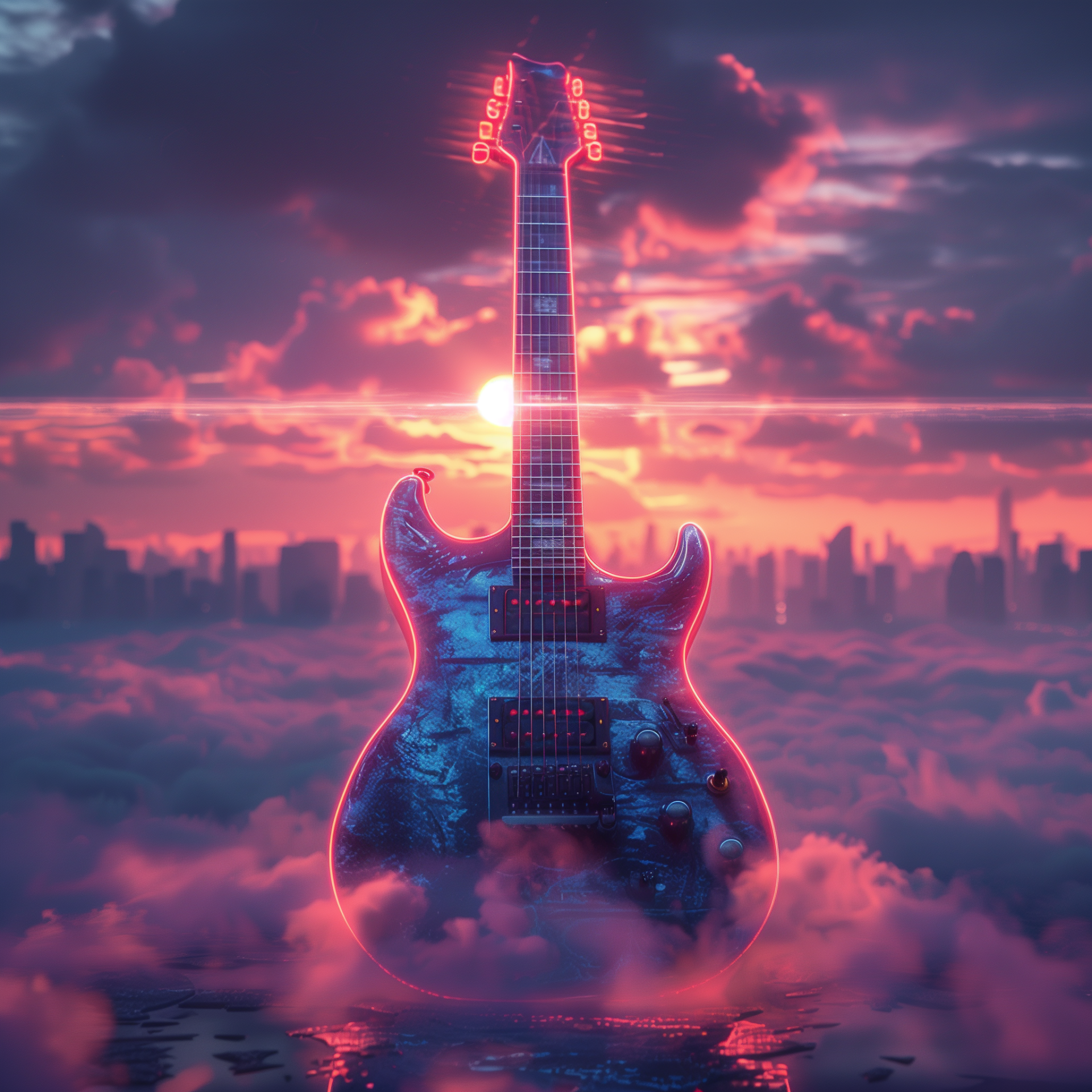 Profile photo of an electric guitar with a glowing neon outline, set against a vibrant cloud-filled sunset over a city skyline.