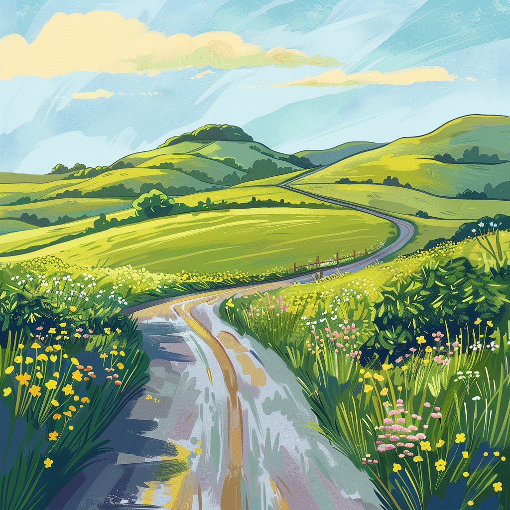 Spring-themed avatar with scenic illustration of a winding road through vibrant green hills and wildflowers.