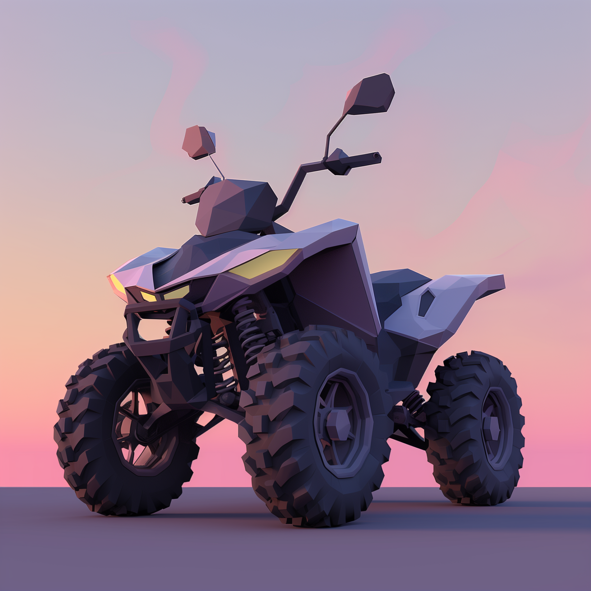 Illustration of a modern quad bike in a purple and pink sunset background, used as a profile photo.