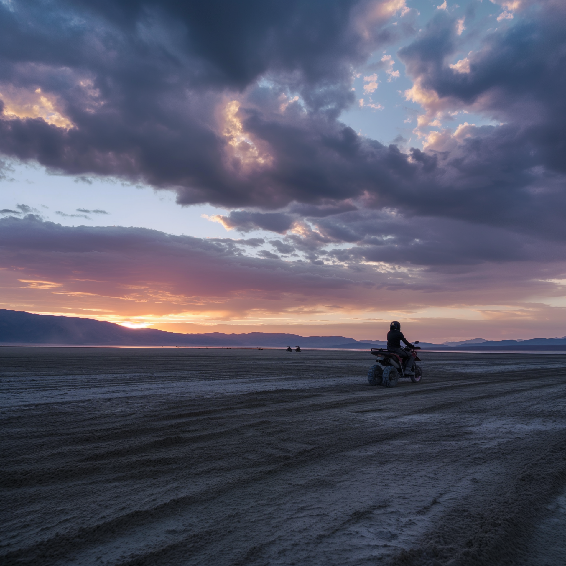 Quad bike riding across a vast plain at sunset with dramatic clouds in the sky, used as an avatar or profile picture.