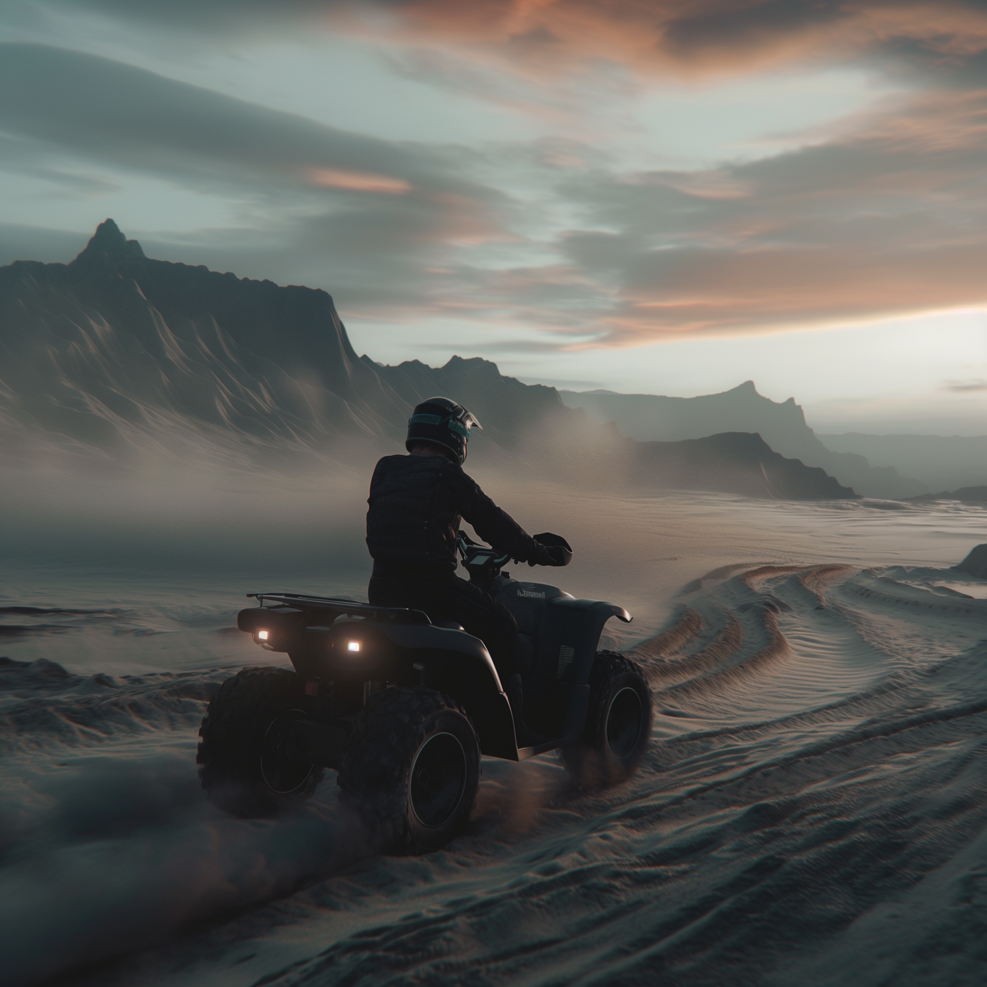 Rider on a quad bike traversing sandy terrain at dusk, suitable as an adventurous avatar or profile picture.