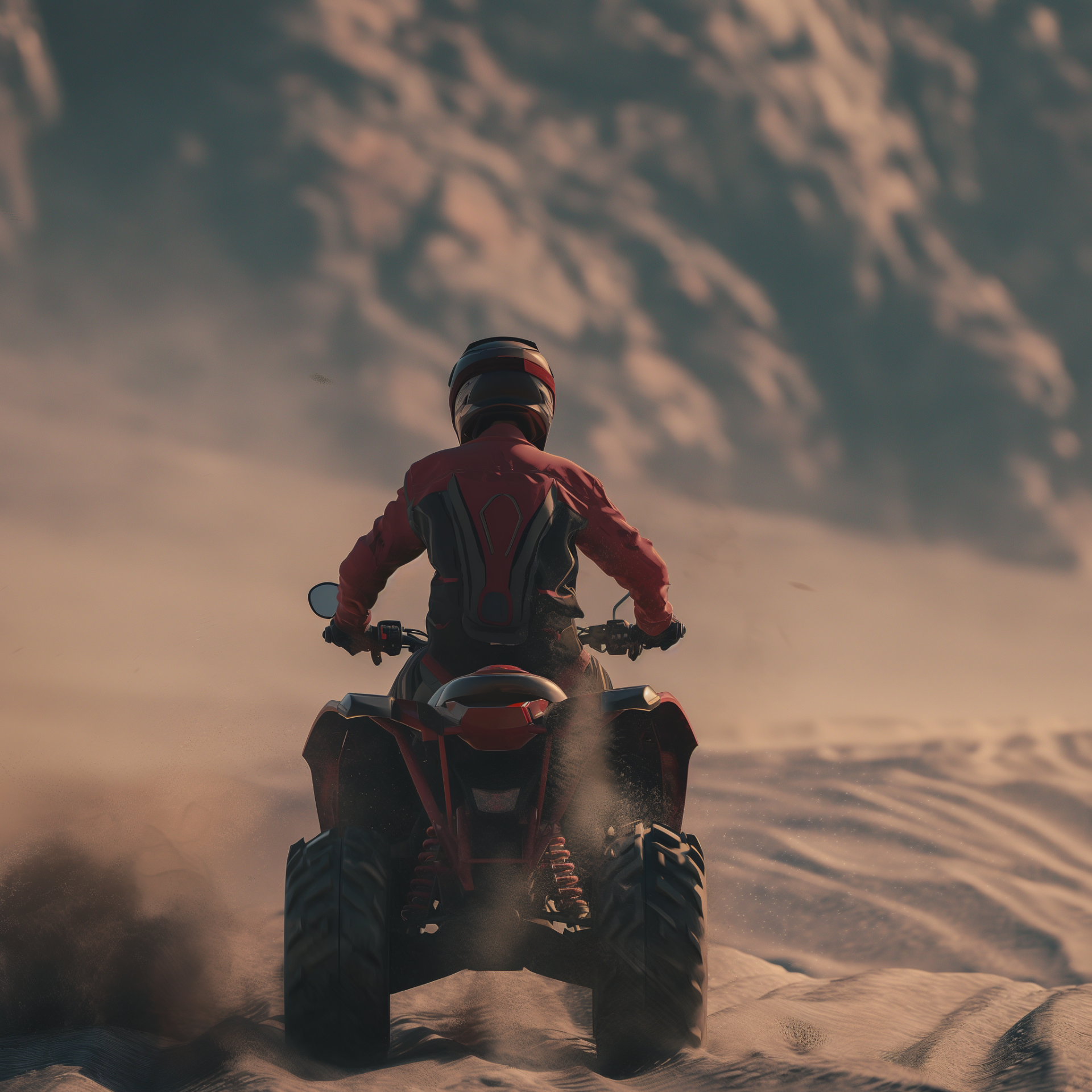 Profile photo of a person riding a quad bike on a sandy terrain, dressed in a red and black outfit.