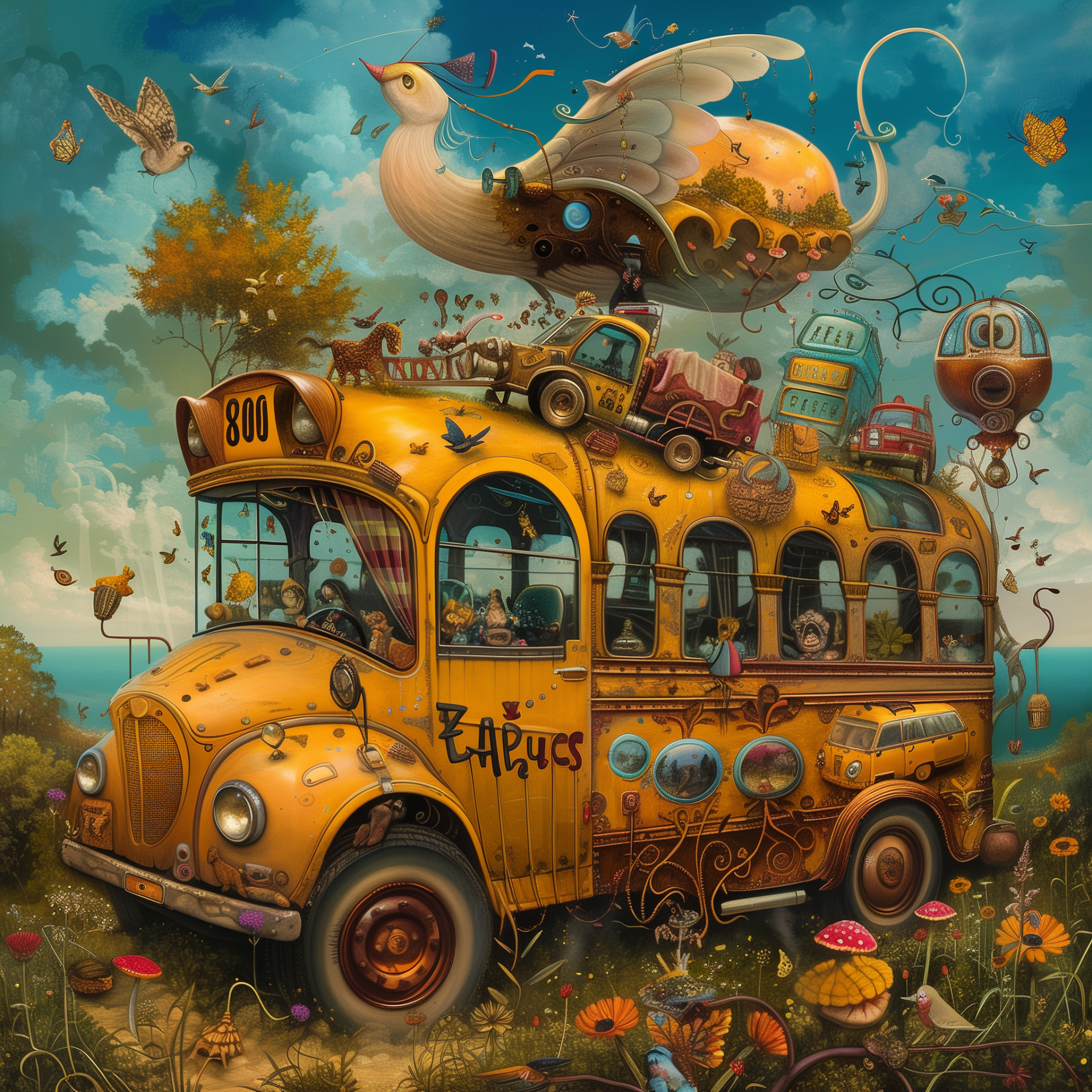 A whimsical school bus adorned with playful details, including a giant bird, surrounded by colorful flowers and butterflies, serves as a charming forum avatar.