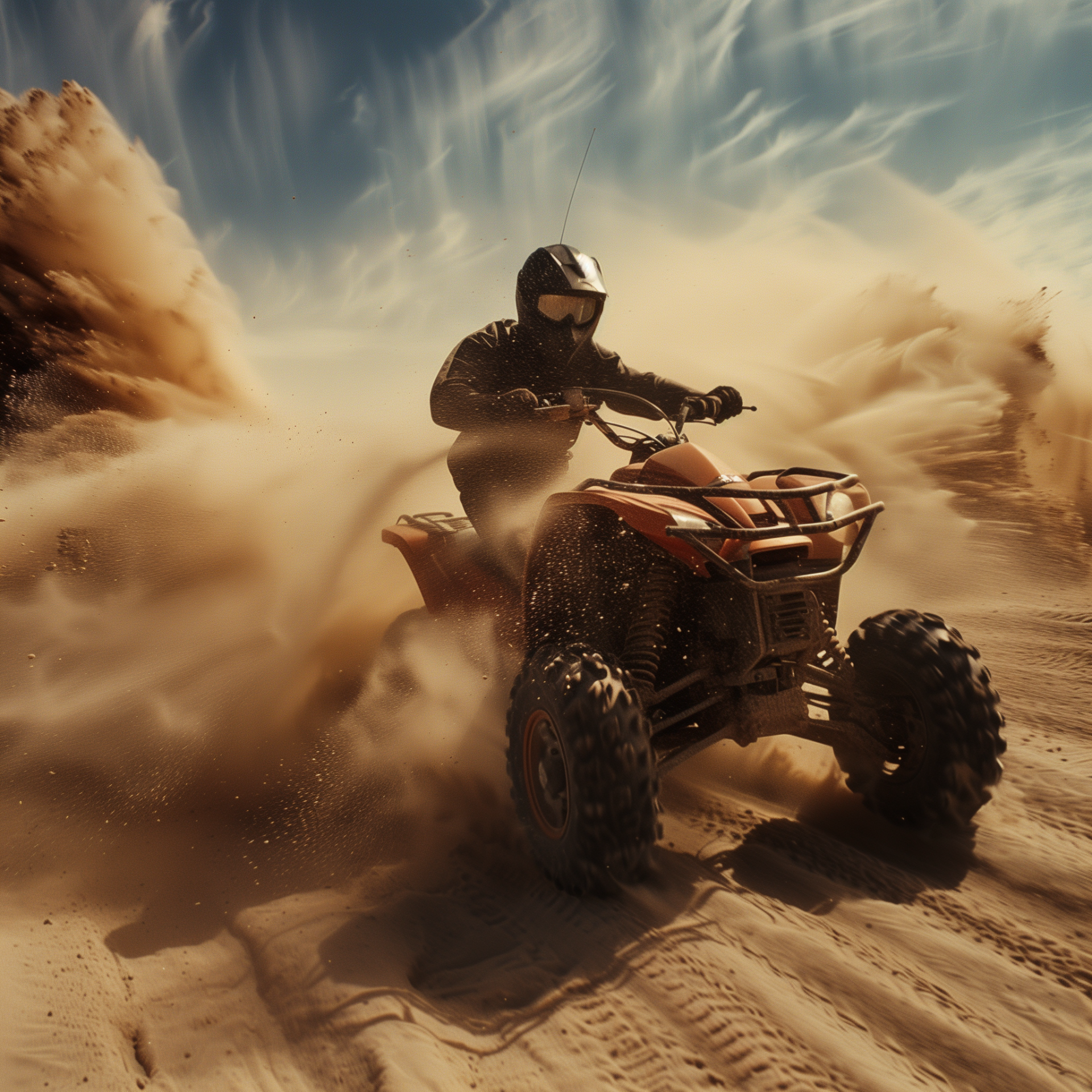 Rider on a quad bike kicking up dust in sandy terrain, action-packed avatar.
