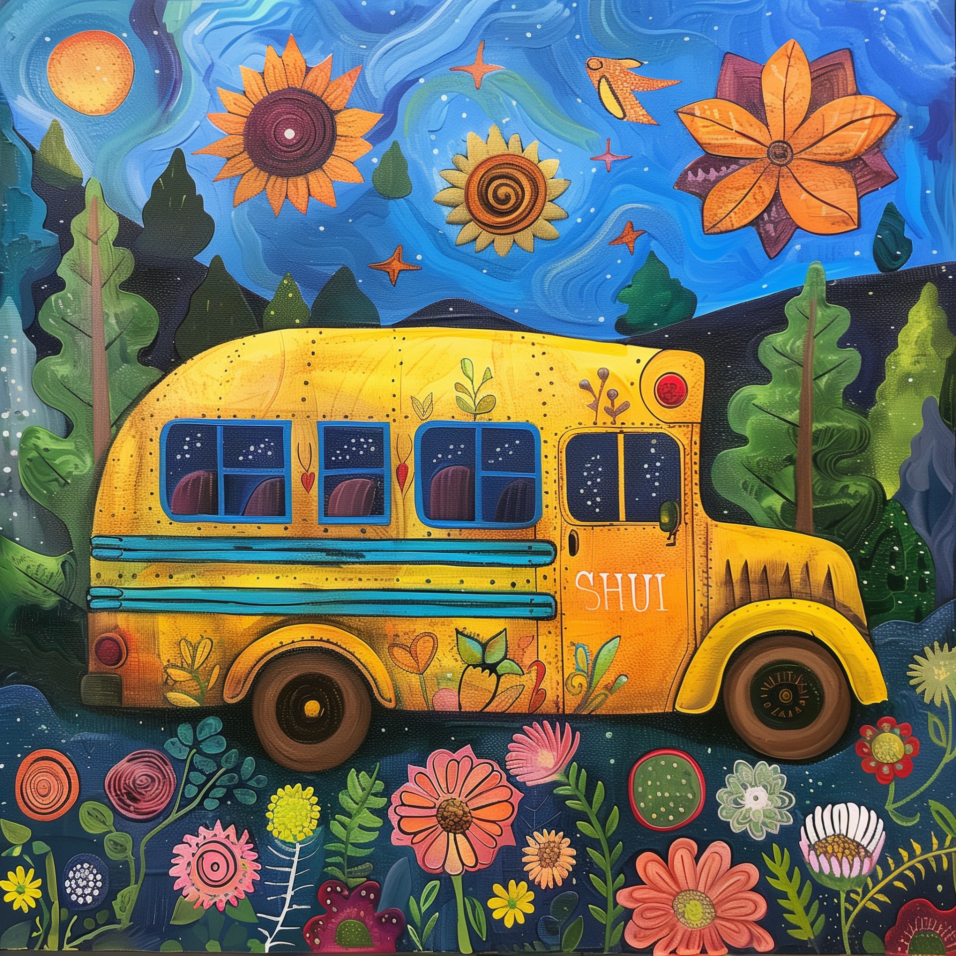 Whimsical avatar featuring a vibrant yellow school bus amidst colorful flowers and bright suns, set against a serene, starry backdrop.