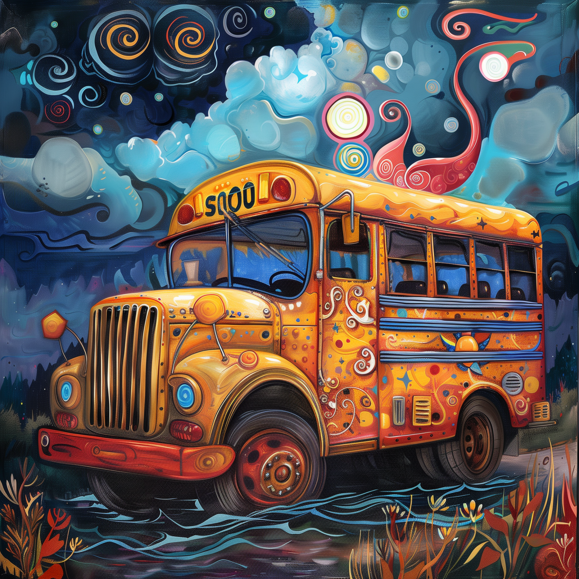 Colorful whimsical school bus avatar with psychedelic patterns and fantasy night sky background.