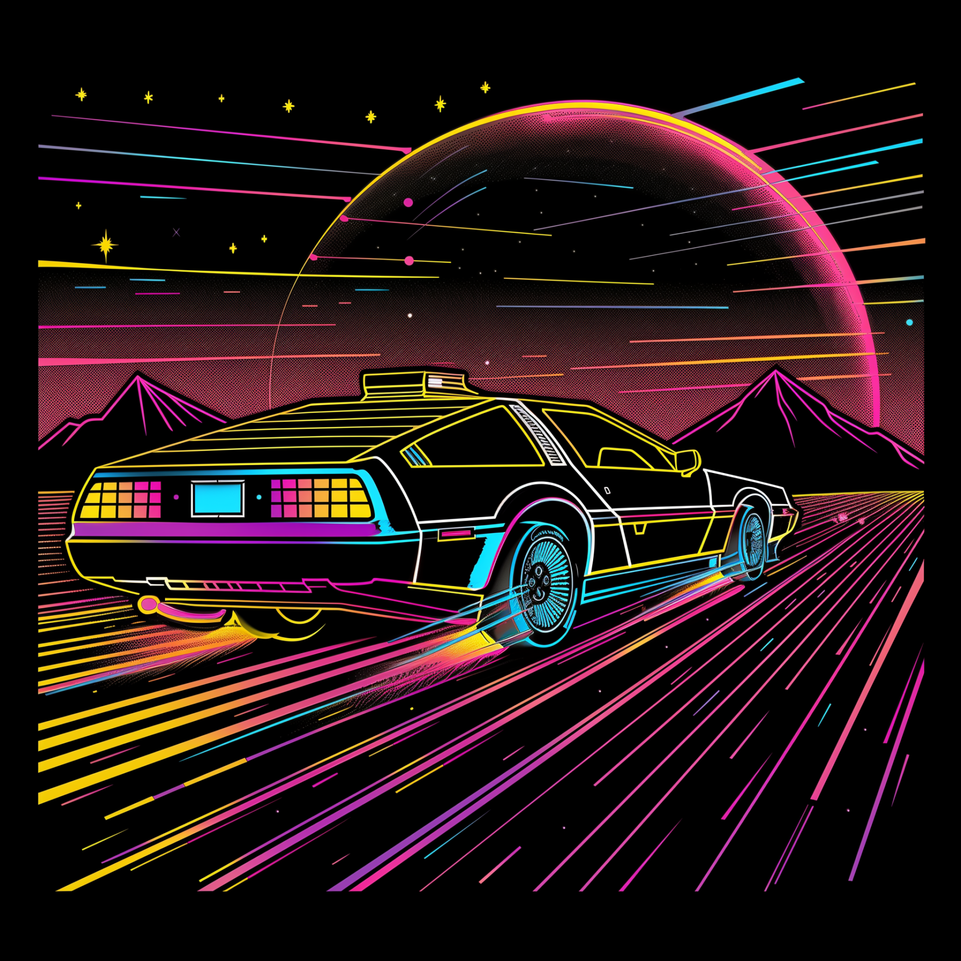 Retro-futuristic style avatar featuring a classic car with neon highlights against a vibrant sci-fi landscape.