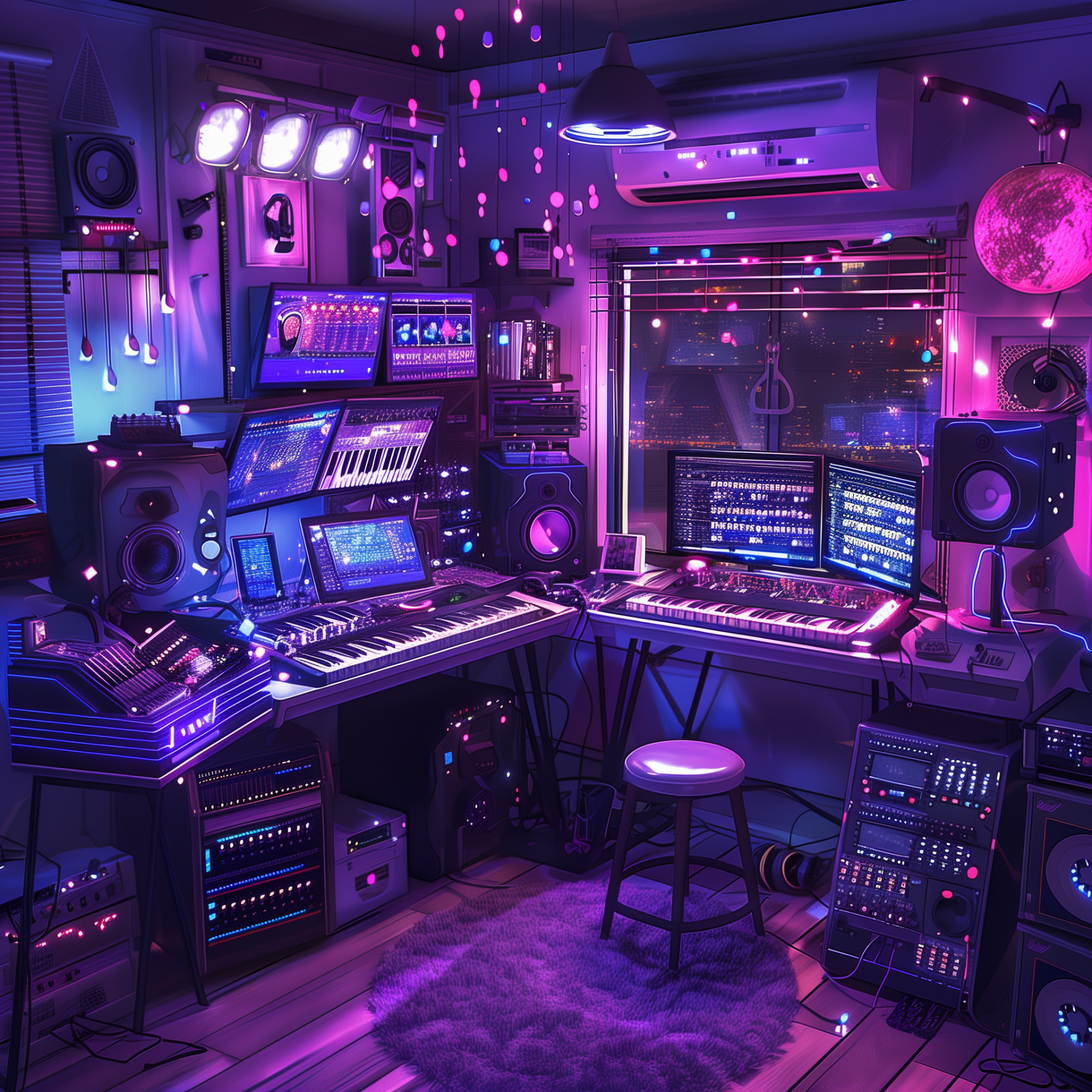 Avatar of a vibrant home music studio with keyboards, audio equipment, and neon lighting, creating an immersive atmosphere for a music enthusiast.