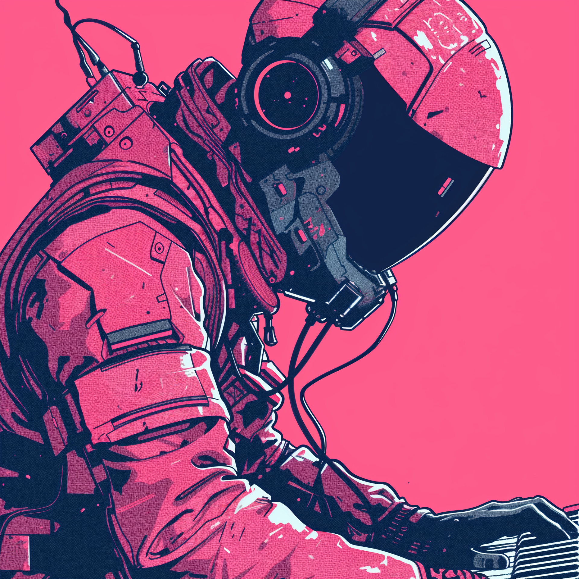 Illustration of an astronaut with a stylized helmet working on a keyboard, set against a vibrant pink backdrop, suitable as a profile picture or avatar.