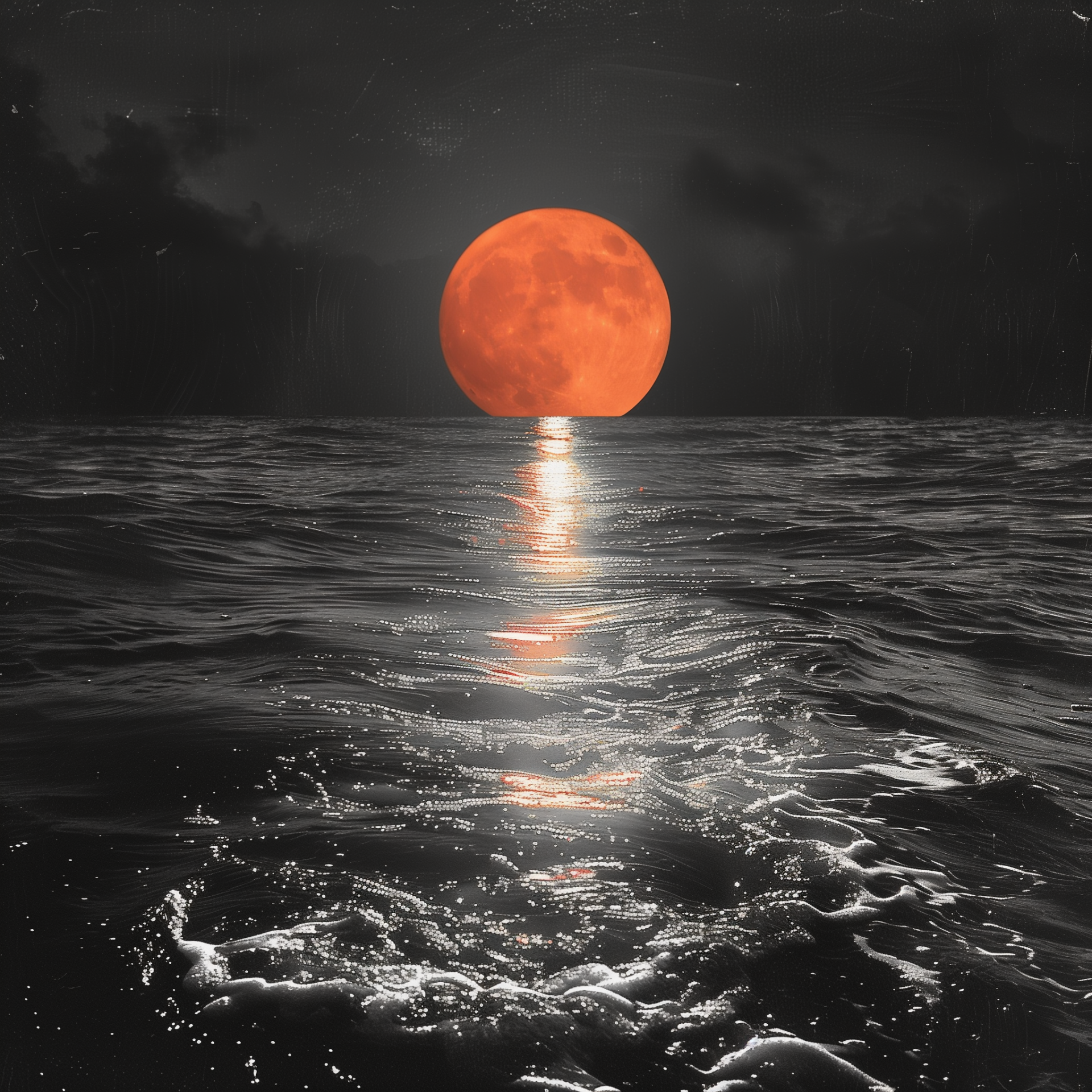 Red moonrise over ocean with reflection for profile picture/avatar.