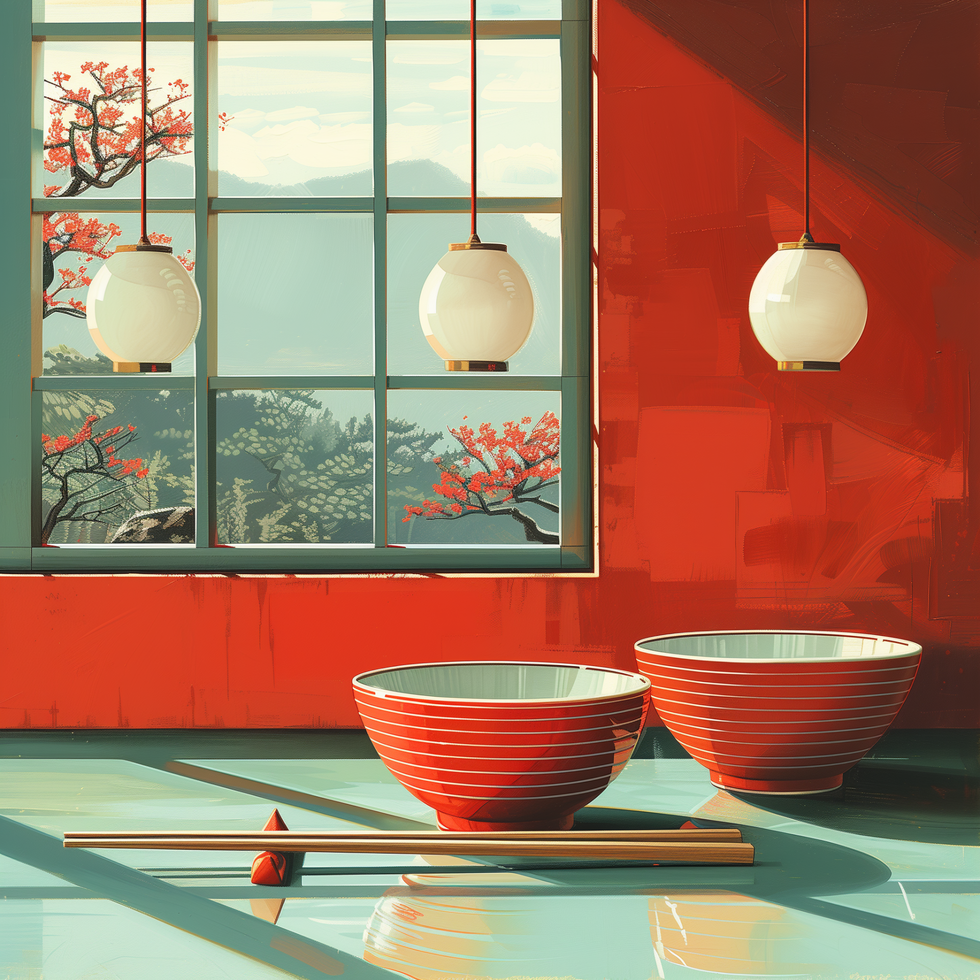 Avatar of a serene Japanese dining setting with two striped bowls and chopsticks, against a backdrop of a window overlooking a garden.