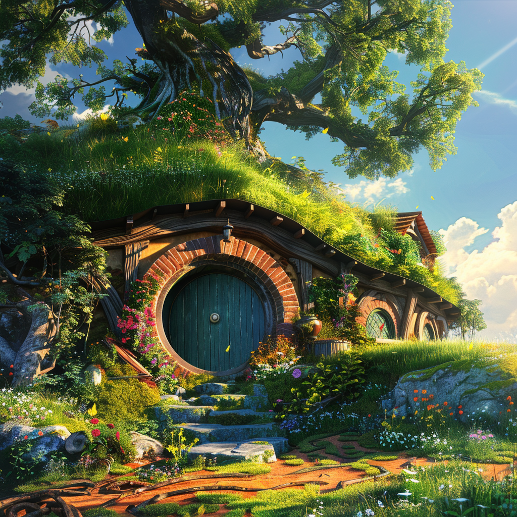 Profile photo of a vibrant The Lord of the Rings fan art depicting a lush, idyllic hobbit hole with a flowering landscape under a sunlit tree.