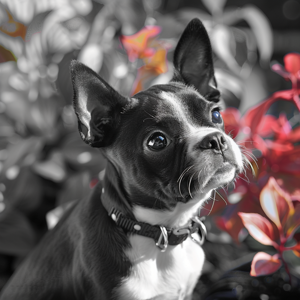 A Boston Terrier with a black-and-white coat sits amidst vibrant red flowers, featured as a forum avatar. The dog gazes curiously, highlighting its expressive eyes.
