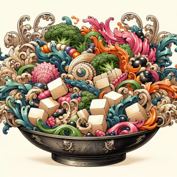 Colorful artistic illustration of a stir-fry dish with tofu and vegetables used as an avatar.