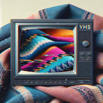 Retro style VHS television set displaying colorful fabric patterns, creating a nostalgic avatar or profile picture with a textured background.