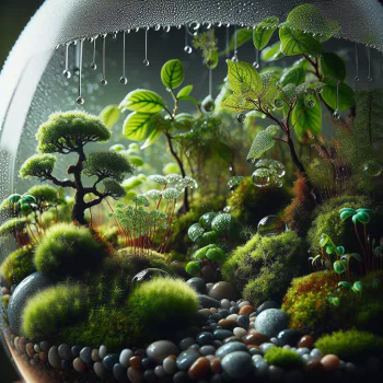 Miniature lush green terrarium with a variety of plants and pebbles, used as a profile picture.