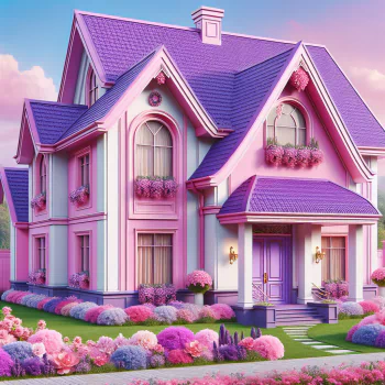 A vibrant dream home featuring a pink and purple facade, adorned with floral accents and a welcoming garden, serving as a playful forum avatar.