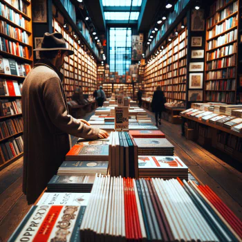 Person browsing books in a cozy, well-lit bookstore with tall bookshelves.