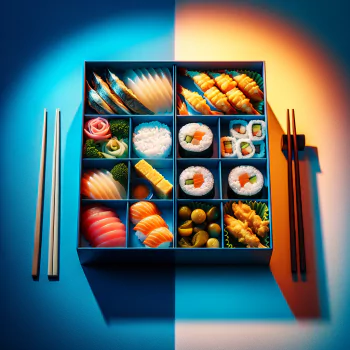 Stylized avatar of a meticulously arranged bento box with various sushi selections and chopsticks on a blue gradient background.