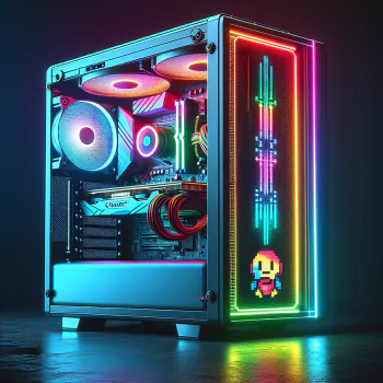 A vibrant gaming PC featuring dynamic RGB lighting and a pixel art design, showcased as a forum avatar/profile picture. The setup highlights a sleek, modern aesthetic.