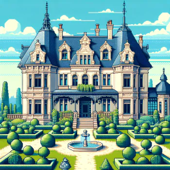Illustration of a luxurious mansion with manicured gardens and a fountain for use as a stylish avatar or profile picture, themed around upscale living.
