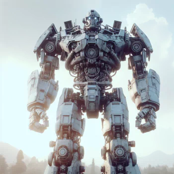Avatar image of an imposing giant robot standing tall against a soft-focus natural landscape background.