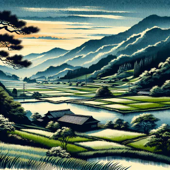 Illustration of a tranquil countryside landscape at dawn with terraced fields, traditional houses, and layered mountain silhouettes for use as a serene avatar or profile picture.