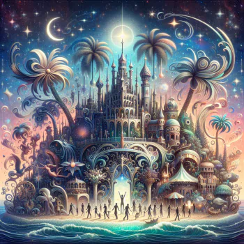 Fantasy resort-themed avatar depicting an intricately detailed and whimsical palace surrounded by palm trees, stars, and people, evoking a magical vacation destination.