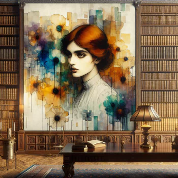Artistic avatar with abstract portrait of a woman in a vintage library setting.
