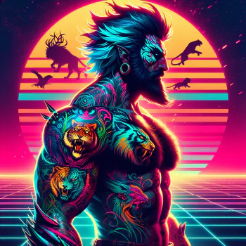 Profile photo of Udyr from League of Legends, depicted with vibrant tattoos of a bear and tiger, set against a neon retro sunset background.