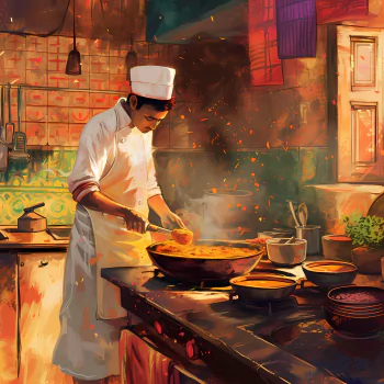 Avatar of a chef cooking curry in a traditional Indian kitchen setting.