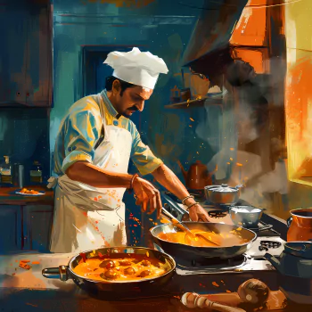 Indian chef preparing curry in a traditional kitchen setting for a profile picture.