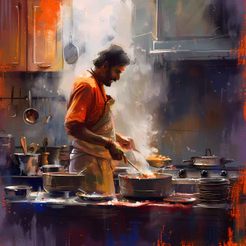 Avatar of a man focusing on cooking curry in a traditional Indian kitchen setting, evoking the essence of an Indian chef at work.