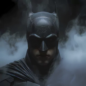 Batman fan art avatar with a dark, moody portrayal of the superhero surrounded by mist.
